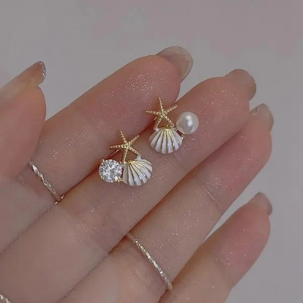 Vintage Metal Shell Starfish Pearl Drop Earrings For Women Trendy Gold Color Beach Shell Stud Earring Summer Jewelry Party Gifts