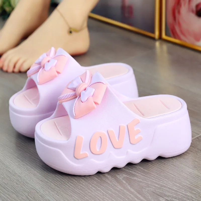 Feerldi New 2025 White Pink Bow-knot Slippers Woman High Platform EVA Slides Designer Sandals Beach Clogs Women Elevator Shoe