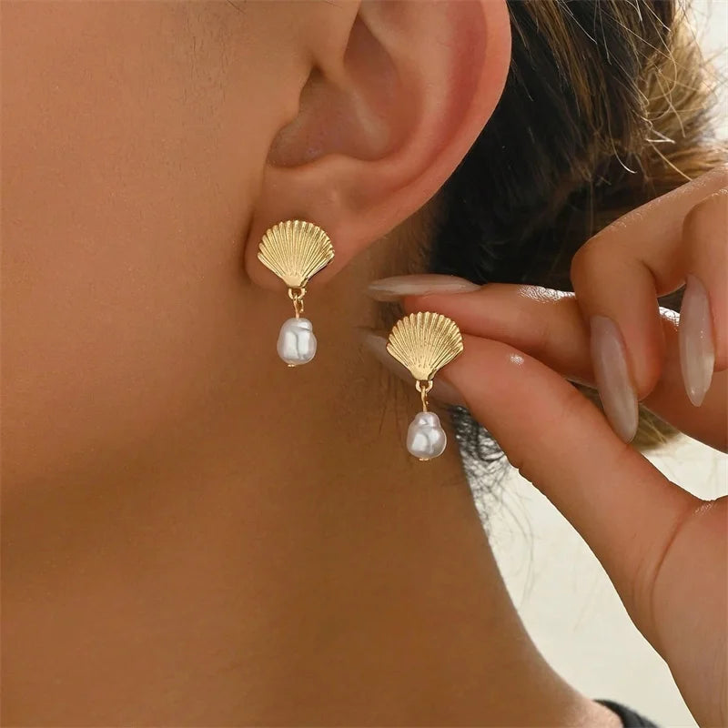Vintage Metal Shell Starfish Pearl Drop Earrings For Women Trendy Gold Color Beach Shell Stud Earring Summer Jewelry Party Gifts
