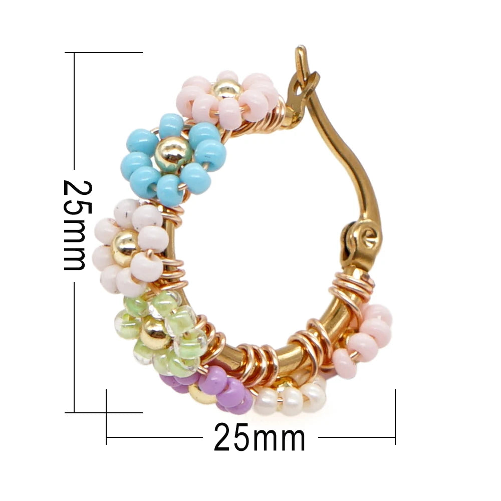 Summer Jewelry Daisy Beaded Hoop Earrings Handmade Stainless Steel Hypoallergenic Earring Fashion Gift for Women Teen Girl