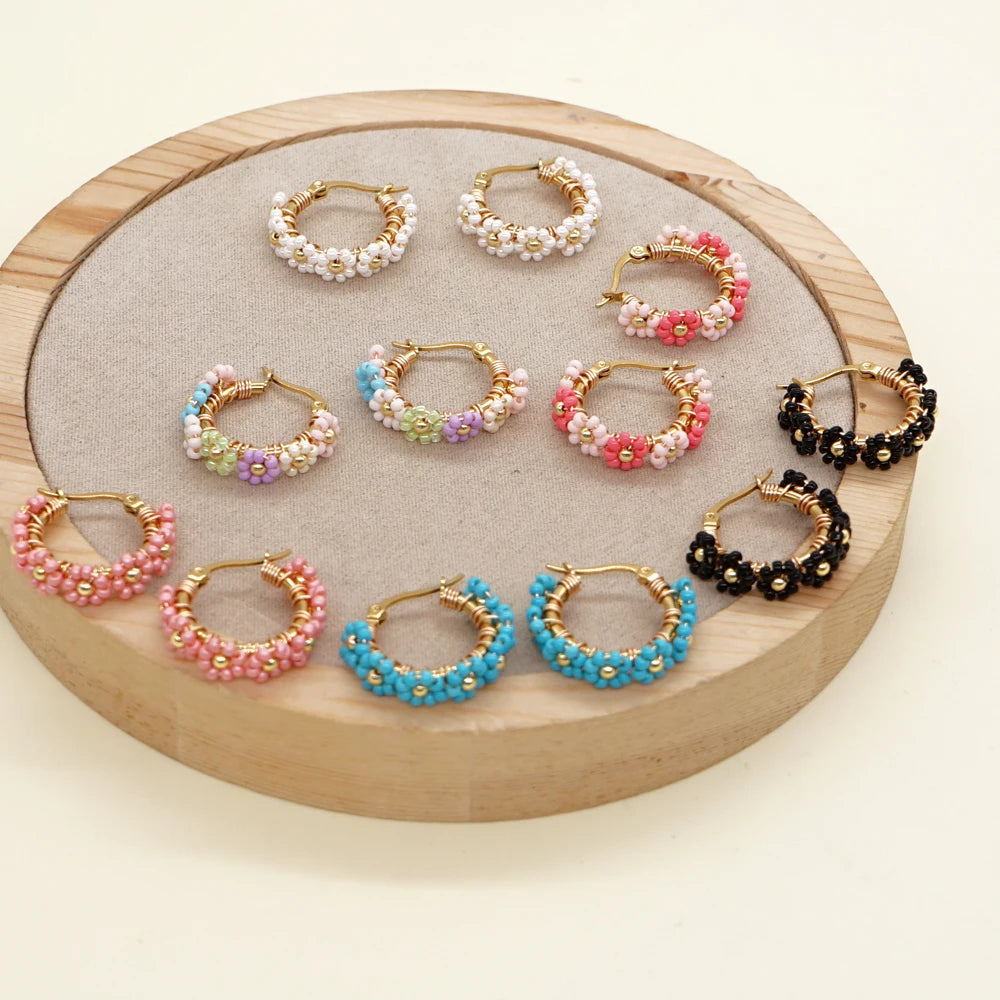 Summer Jewelry Daisy Beaded Hoop Earrings Handmade Stainless Steel Hypoallergenic Earring Fashion Gift for Women Teen Girl