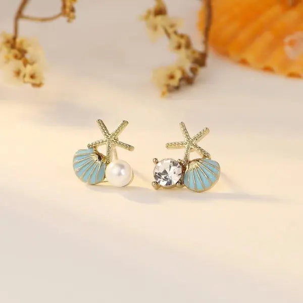 Vintage Metal Shell Starfish Pearl Drop Earrings For Women Trendy Gold Color Beach Shell Stud Earring Summer Jewelry Party Gifts