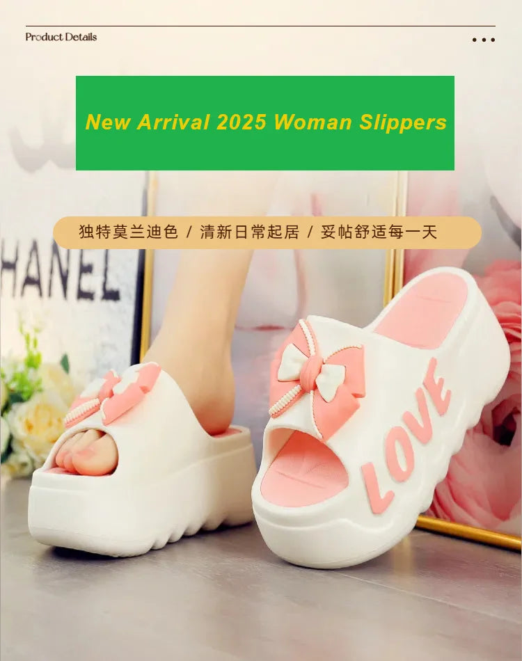 Feerldi New 2025 White Pink Bow-knot Slippers Woman High Platform EVA Slides Designer Sandals Beach Clogs Women Elevator Shoe