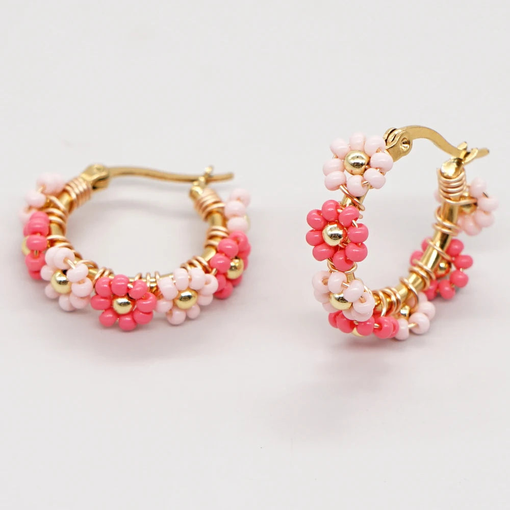 Summer Jewelry Daisy Beaded Hoop Earrings Handmade Stainless Steel Hypoallergenic Earring Fashion Gift for Women Teen Girl