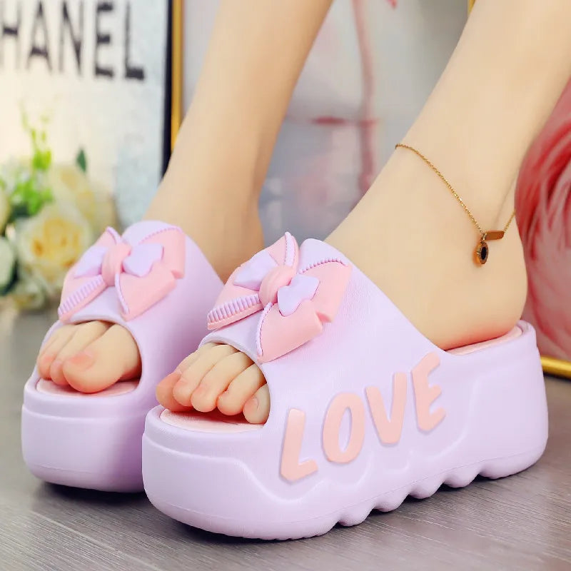 Feerldi New 2025 White Pink Bow-knot Slippers Woman High Platform EVA Slides Designer Sandals Beach Clogs Women Elevator Shoe