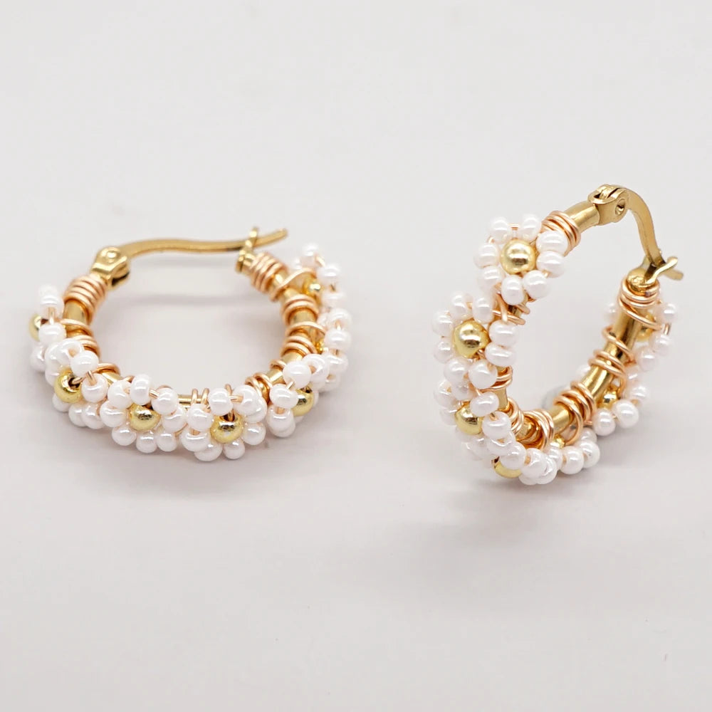 Summer Jewelry Daisy Beaded Hoop Earrings Handmade Stainless Steel Hypoallergenic Earring Fashion Gift for Women Teen Girl