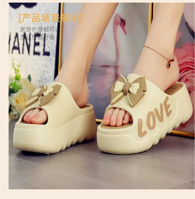 Feerldi New 2025 White Pink Bow-knot Slippers Woman High Platform EVA Slides Designer Sandals Beach Clogs Women Elevator Shoe