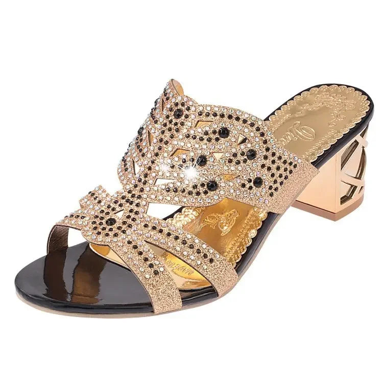 Women's Sandals Summer New Water Diamond Thick Heel Hollow One line Tuo Fish Mouth Beach Sandals Women's Large Size Slippers