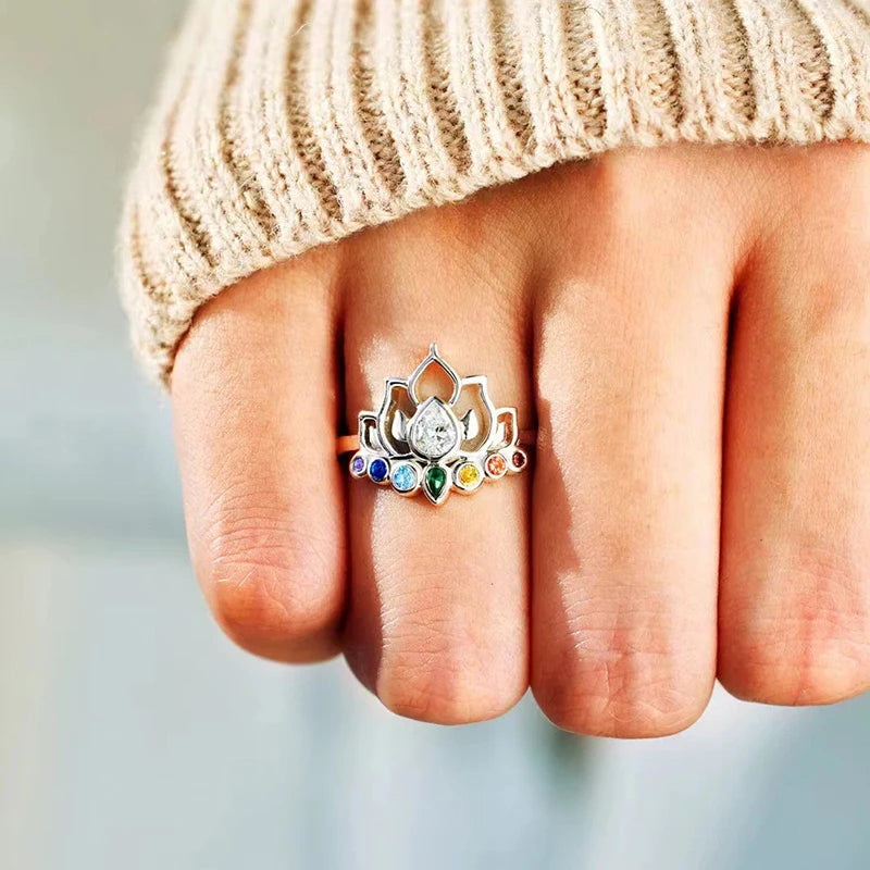 Huitan Lotus Rings with Colorful CZ New Trendy Accessories for Women Daily Wear Party Aesthetic Flower Rings Statement Jewelry