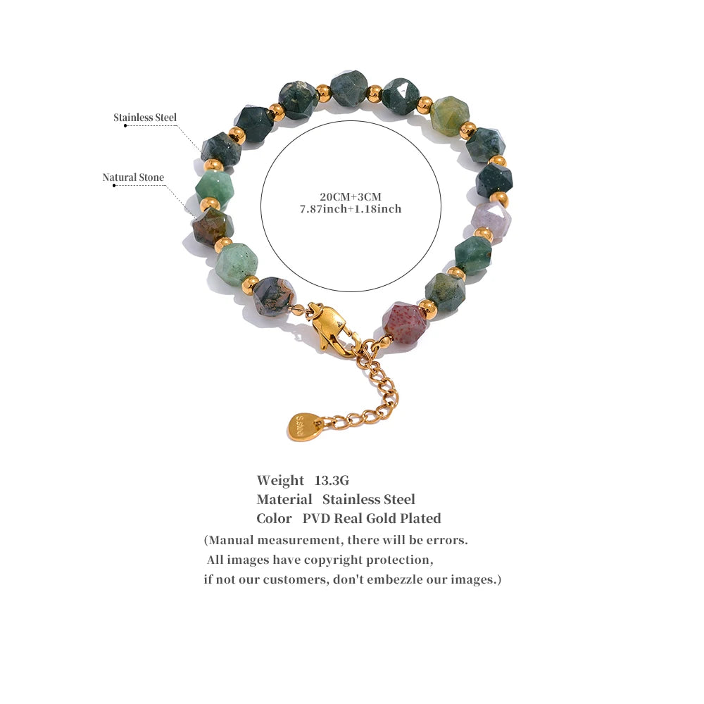 Yhpup Indian Agate Natural Stone Beads Chain Men Bracelet Bangle Stainless Steel Wrist Handmade Summer Jewelry Waterproof