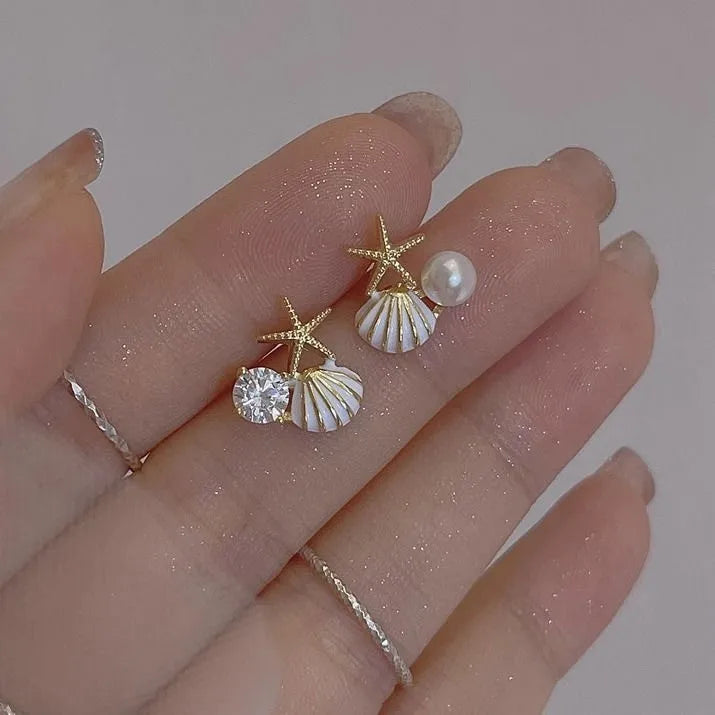 Vintage Metal Shell Starfish Pearl Drop Earrings For Women Trendy Gold Color Beach Shell Stud Earring Summer Jewelry Party Gifts