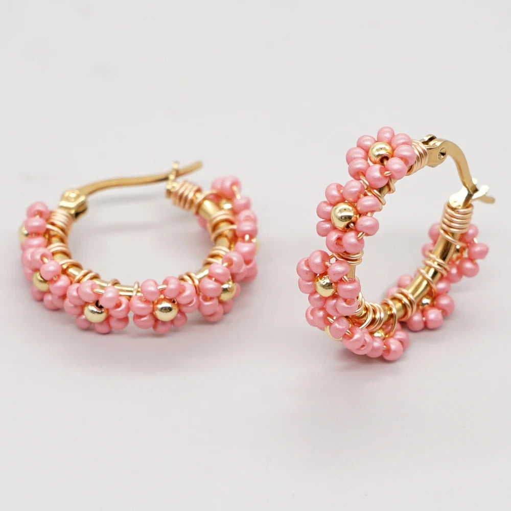 Summer Jewelry Daisy Beaded Hoop Earrings Handmade Stainless Steel Hypoallergenic Earring Fashion Gift for Women Teen Girl