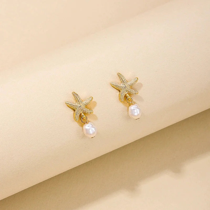 Vintage Metal Shell Starfish Pearl Drop Earrings For Women Trendy Gold Color Beach Shell Stud Earring Summer Jewelry Party Gifts