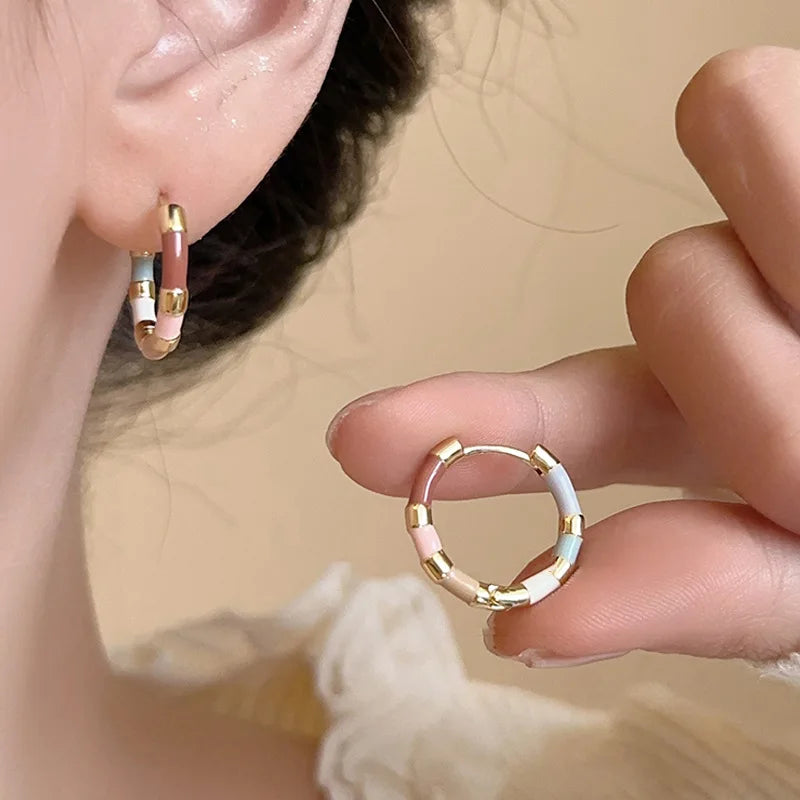 Vintage Colorful Enamel Drip Oil Hoop Earrings For Women 2024 New Trendy Mini Circle Round Temperament Earrings Jewelry Gifts