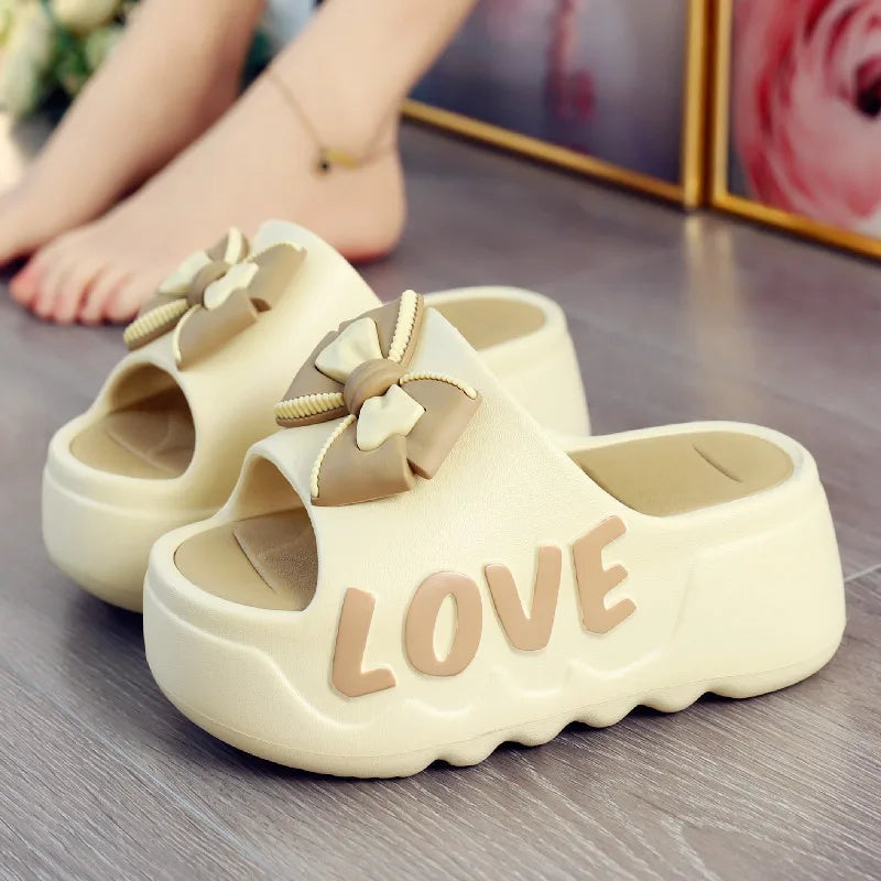 Feerldi New 2025 White Pink Bow-knot Slippers Woman High Platform EVA Slides Designer Sandals Beach Clogs Women Elevator Shoe