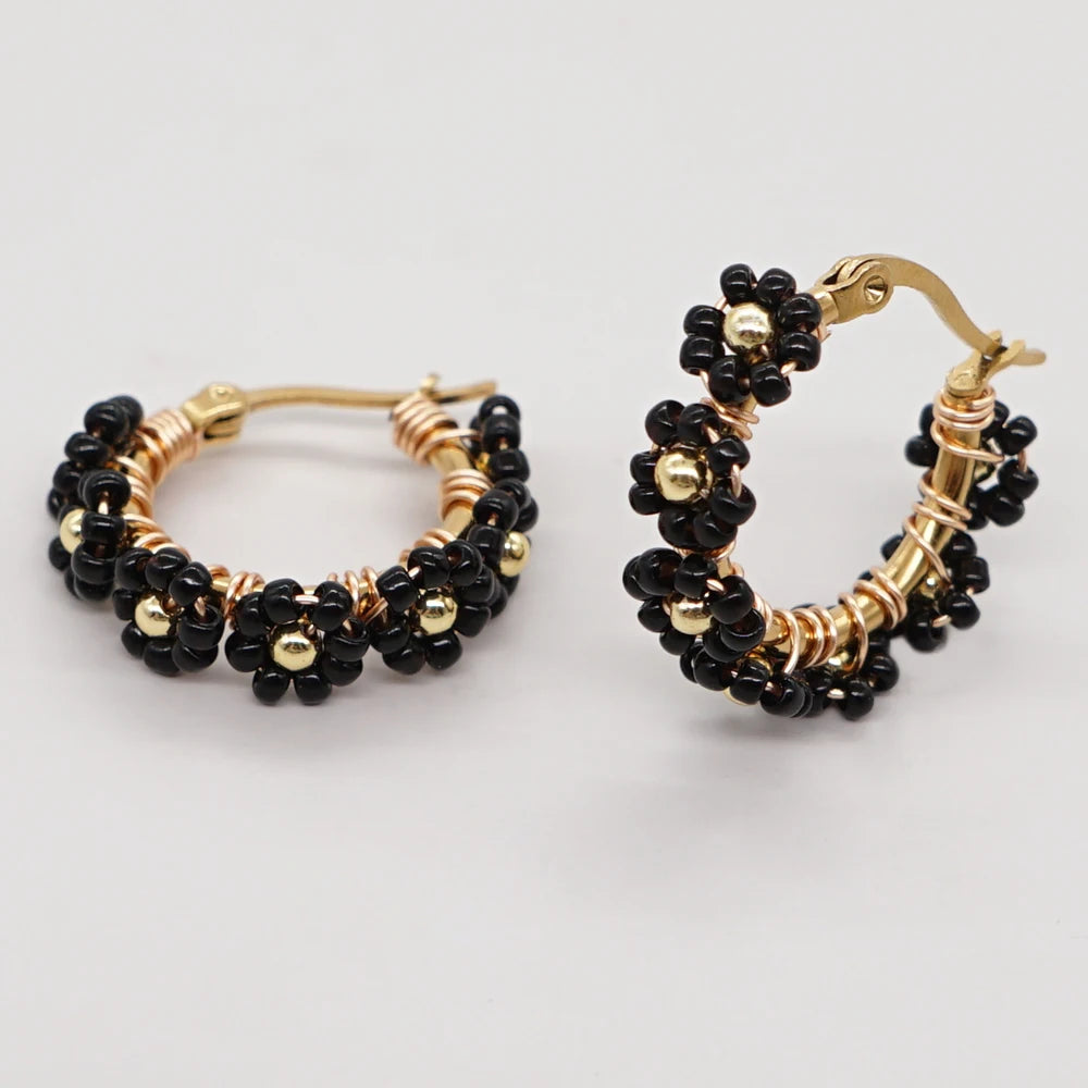 Summer Jewelry Daisy Beaded Hoop Earrings Handmade Stainless Steel Hypoallergenic Earring Fashion Gift for Women Teen Girl