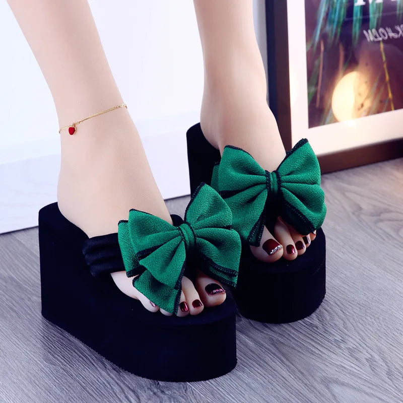 Feerldi New 2025 White Pink Bow-knot Slippers Woman High Platform EVA Slides Designer Sandals Beach Clogs Women Elevator Shoe