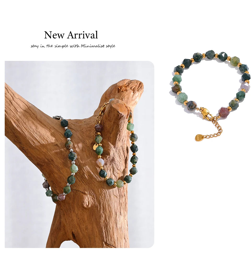 Yhpup Indian Agate Natural Stone Beads Chain Men Bracelet Bangle Stainless Steel Wrist Handmade Summer Jewelry Waterproof