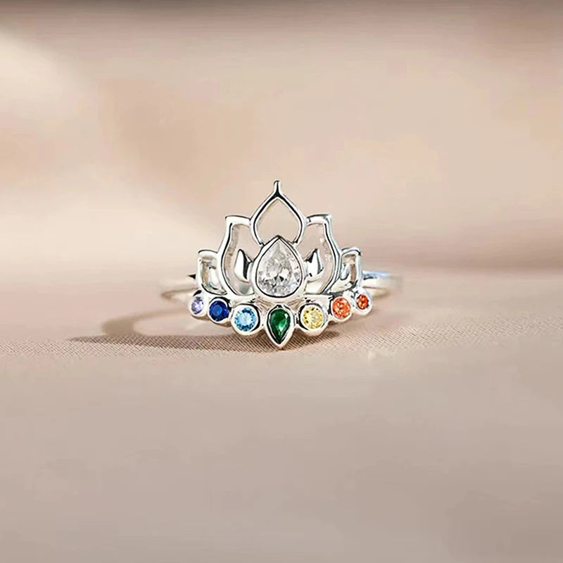 Huitan Lotus Rings with Colorful CZ New Trendy Accessories for Women Daily Wear Party Aesthetic Flower Rings Statement Jewelry