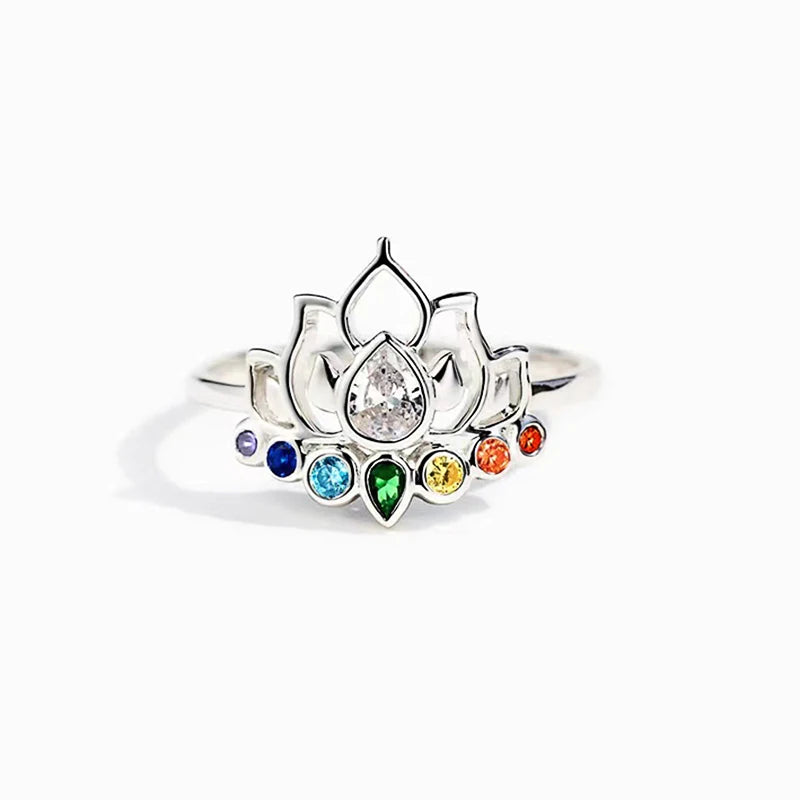 Huitan Lotus Rings with Colorful CZ New Trendy Accessories for Women Daily Wear Party Aesthetic Flower Rings Statement Jewelry