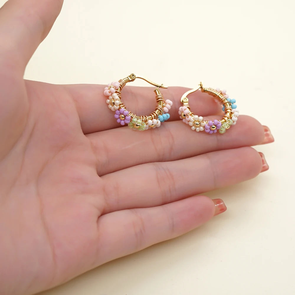 Summer Jewelry Daisy Beaded Hoop Earrings Handmade Stainless Steel Hypoallergenic Earring Fashion Gift for Women Teen Girl