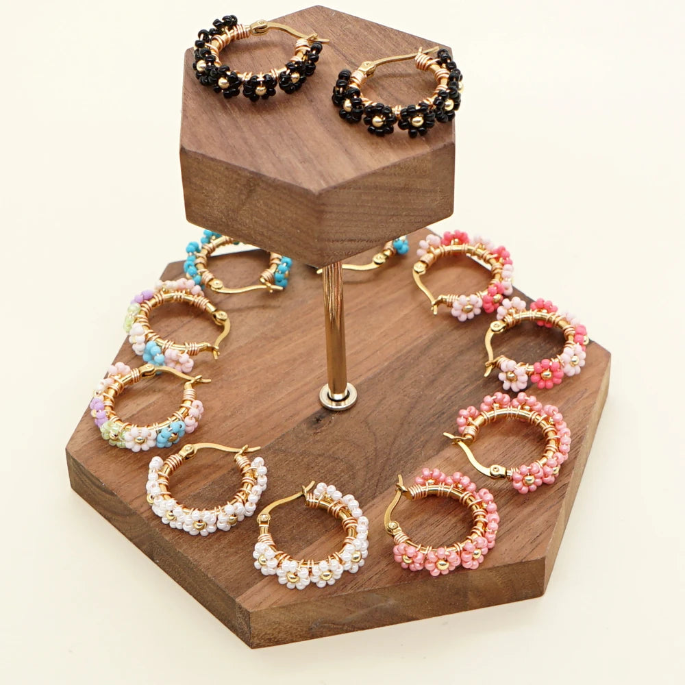 Summer Jewelry Daisy Beaded Hoop Earrings Handmade Stainless Steel Hypoallergenic Earring Fashion Gift for Women Teen Girl
