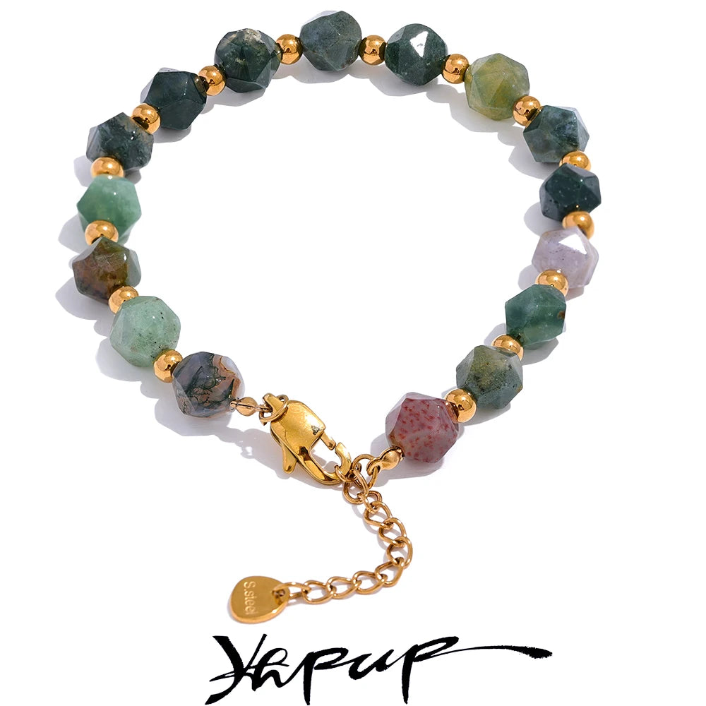 Yhpup Indian Agate Natural Stone Beads Chain Men Bracelet Bangle Stainless Steel Wrist Handmade Summer Jewelry Waterproof
