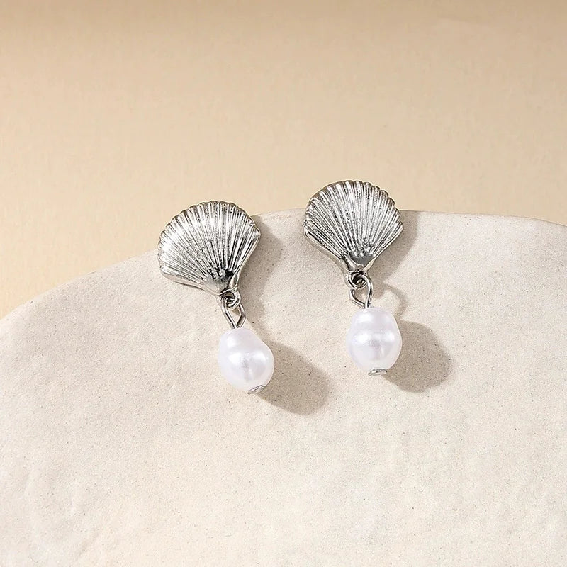Vintage Metal Shell Starfish Pearl Drop Earrings For Women Trendy Gold Color Beach Shell Stud Earring Summer Jewelry Party Gifts