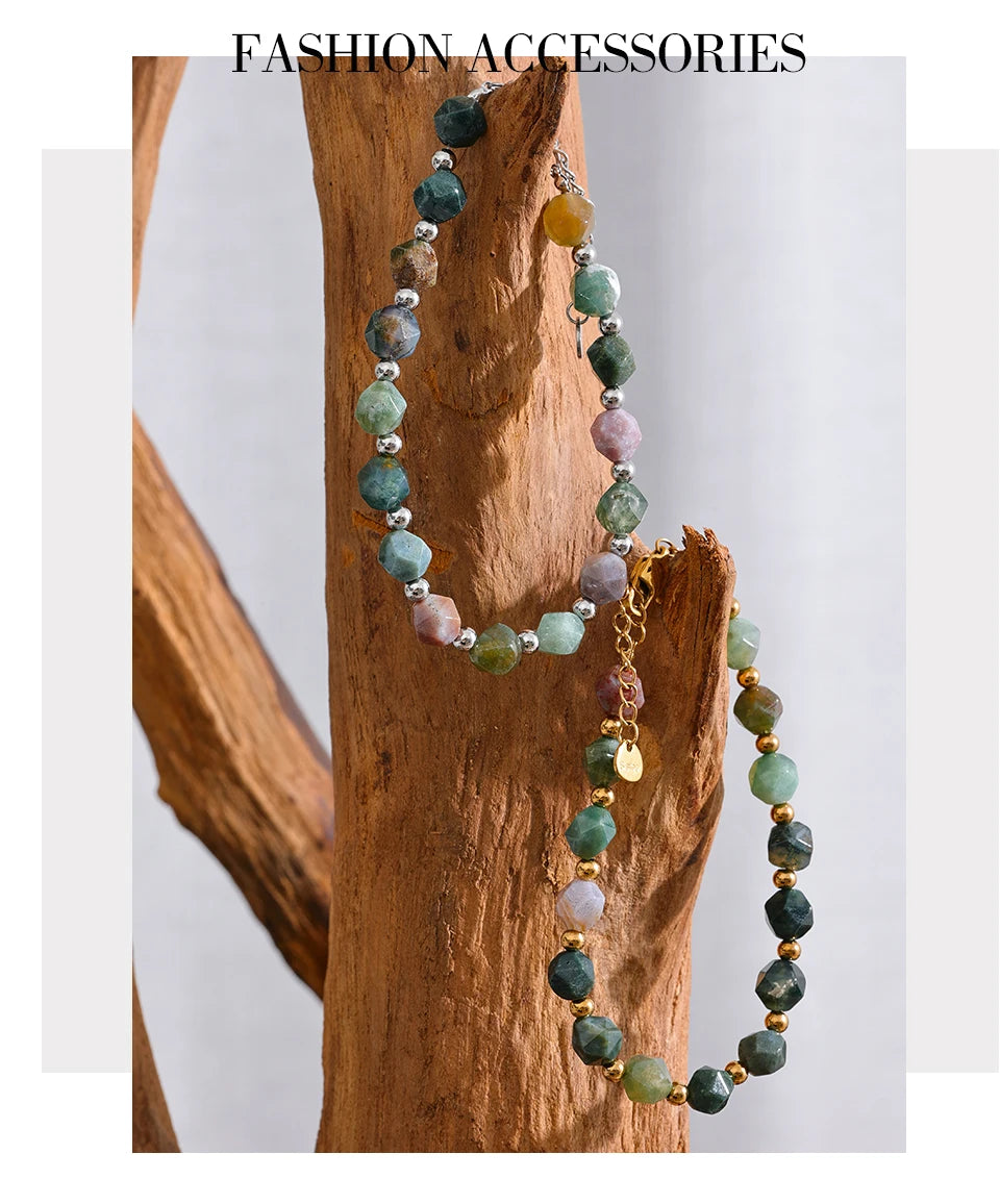 Yhpup Indian Agate Natural Stone Beads Chain Men Bracelet Bangle Stainless Steel Wrist Handmade Summer Jewelry Waterproof