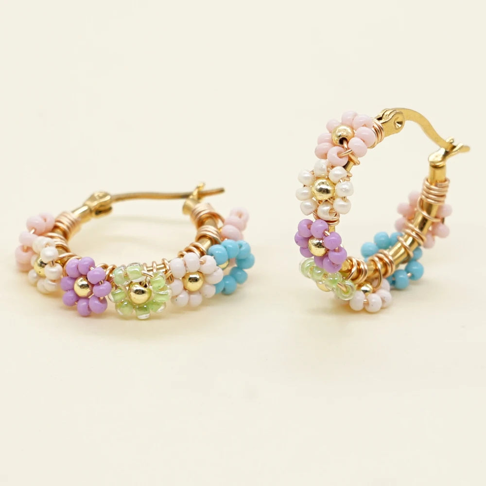 Summer Jewelry Daisy Beaded Hoop Earrings Handmade Stainless Steel Hypoallergenic Earring Fashion Gift for Women Teen Girl