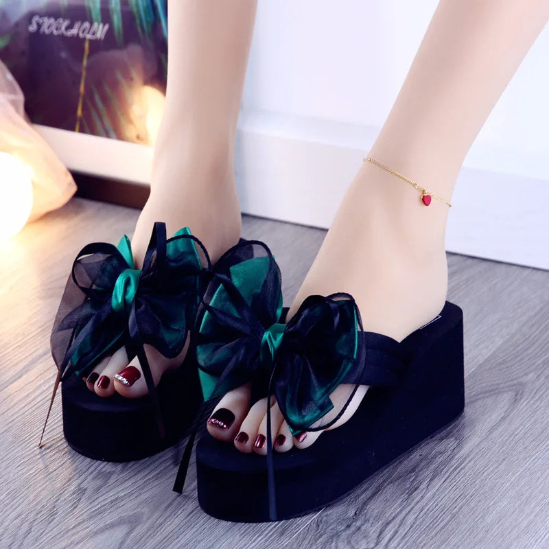 Feerldi New 2025 White Pink Bow-knot Slippers Woman High Platform EVA Slides Designer Sandals Beach Clogs Women Elevator Shoe