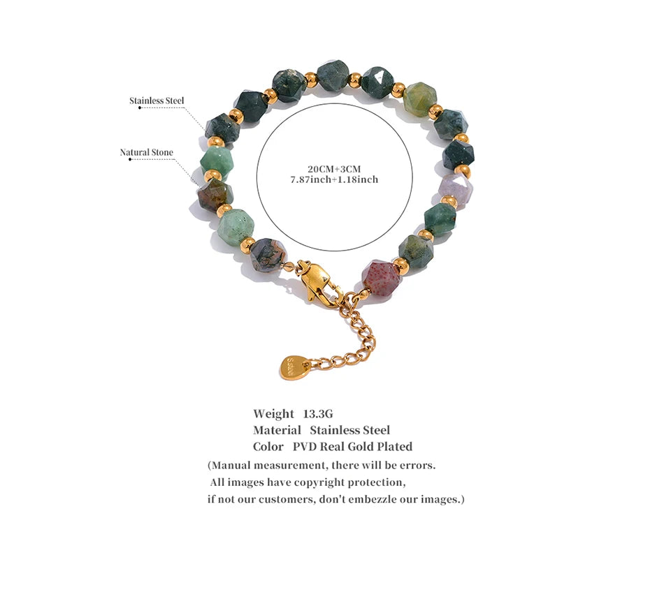 Yhpup Indian Agate Natural Stone Beads Chain Men Bracelet Bangle Stainless Steel Wrist Handmade Summer Jewelry Waterproof