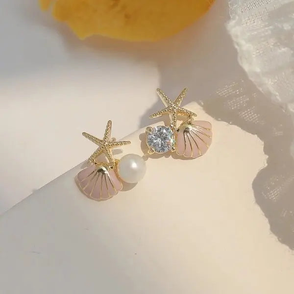 Vintage Metal Shell Starfish Pearl Drop Earrings For Women Trendy Gold Color Beach Shell Stud Earring Summer Jewelry Party Gifts