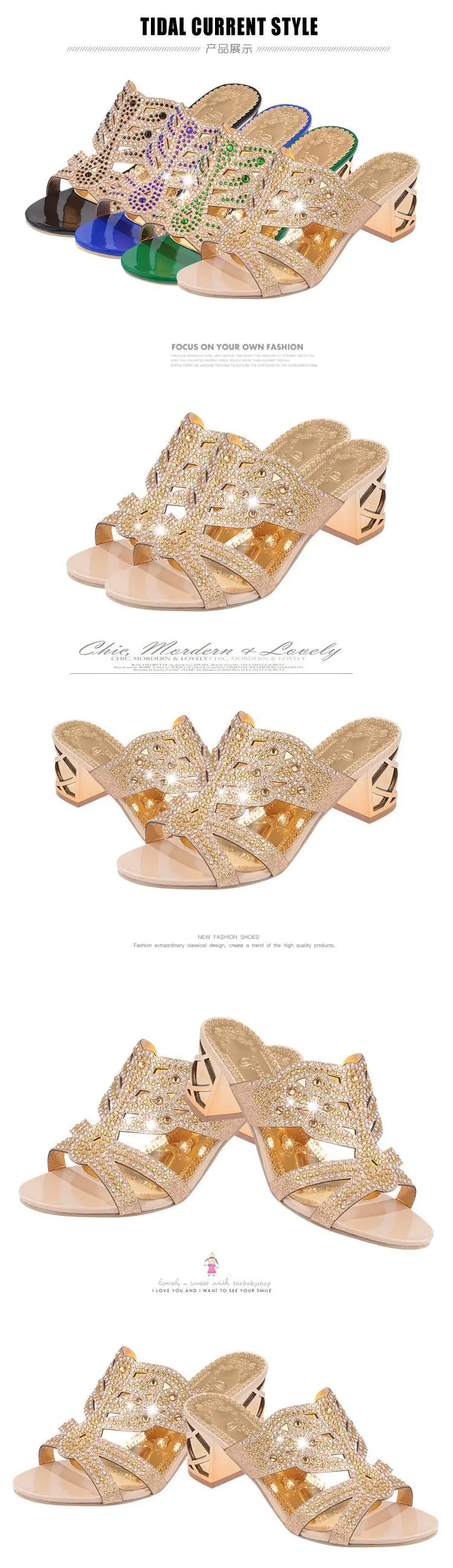 Women's Sandals Summer New Water Diamond Thick Heel Hollow One line Tuo Fish Mouth Beach Sandals Women's Large Size Slippers