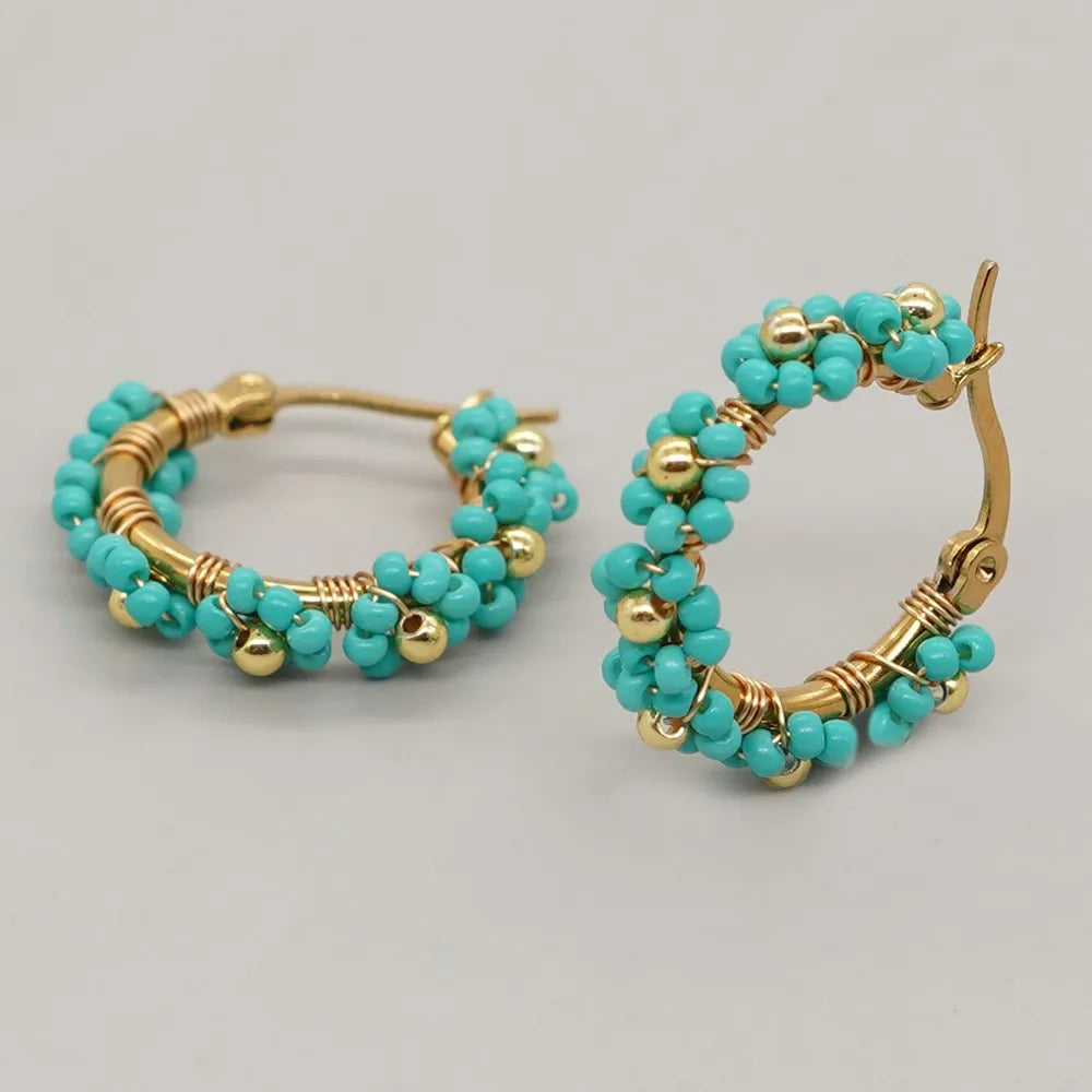 Summer Jewelry Daisy Beaded Hoop Earrings Handmade Stainless Steel Hypoallergenic Earring Fashion Gift for Women Teen Girl