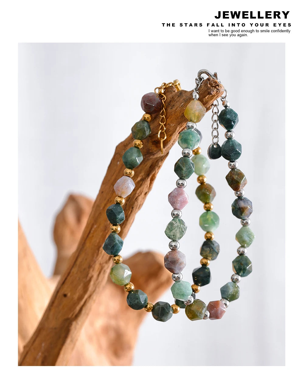 Yhpup Indian Agate Natural Stone Beads Chain Men Bracelet Bangle Stainless Steel Wrist Handmade Summer Jewelry Waterproof