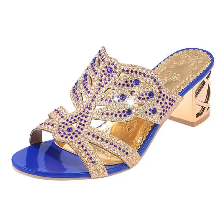 Women's Sandals Summer New Water Diamond Thick Heel Hollow One line Tuo Fish Mouth Beach Sandals Women's Large Size Slippers
