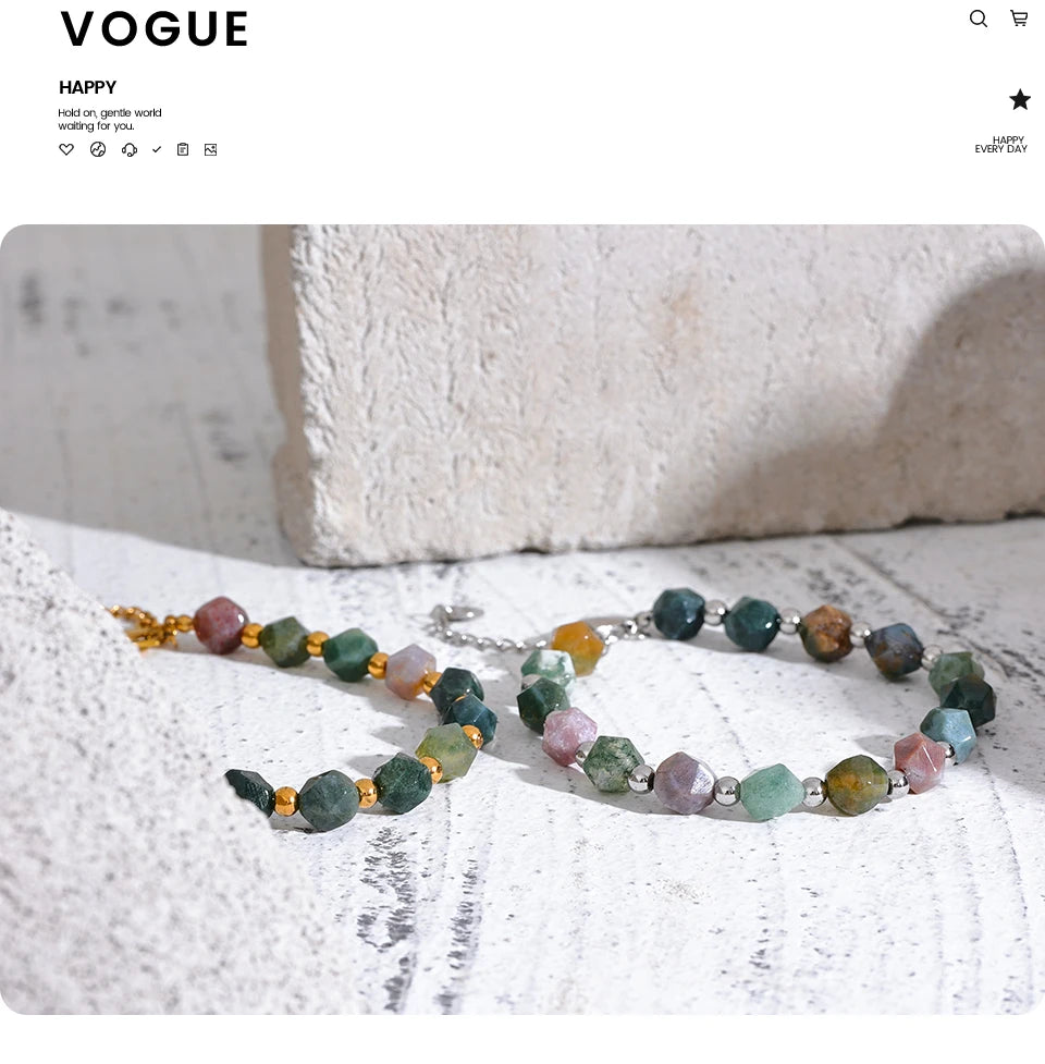 Yhpup Indian Agate Natural Stone Beads Chain Men Bracelet Bangle Stainless Steel Wrist Handmade Summer Jewelry Waterproof
