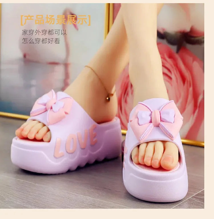 Feerldi New 2025 White Pink Bow-knot Slippers Woman High Platform EVA Slides Designer Sandals Beach Clogs Women Elevator Shoe