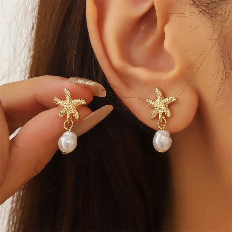 Vintage Metal Shell Starfish Pearl Drop Earrings For Women Trendy Gold Color Beach Shell Stud Earring Summer Jewelry Party Gifts
