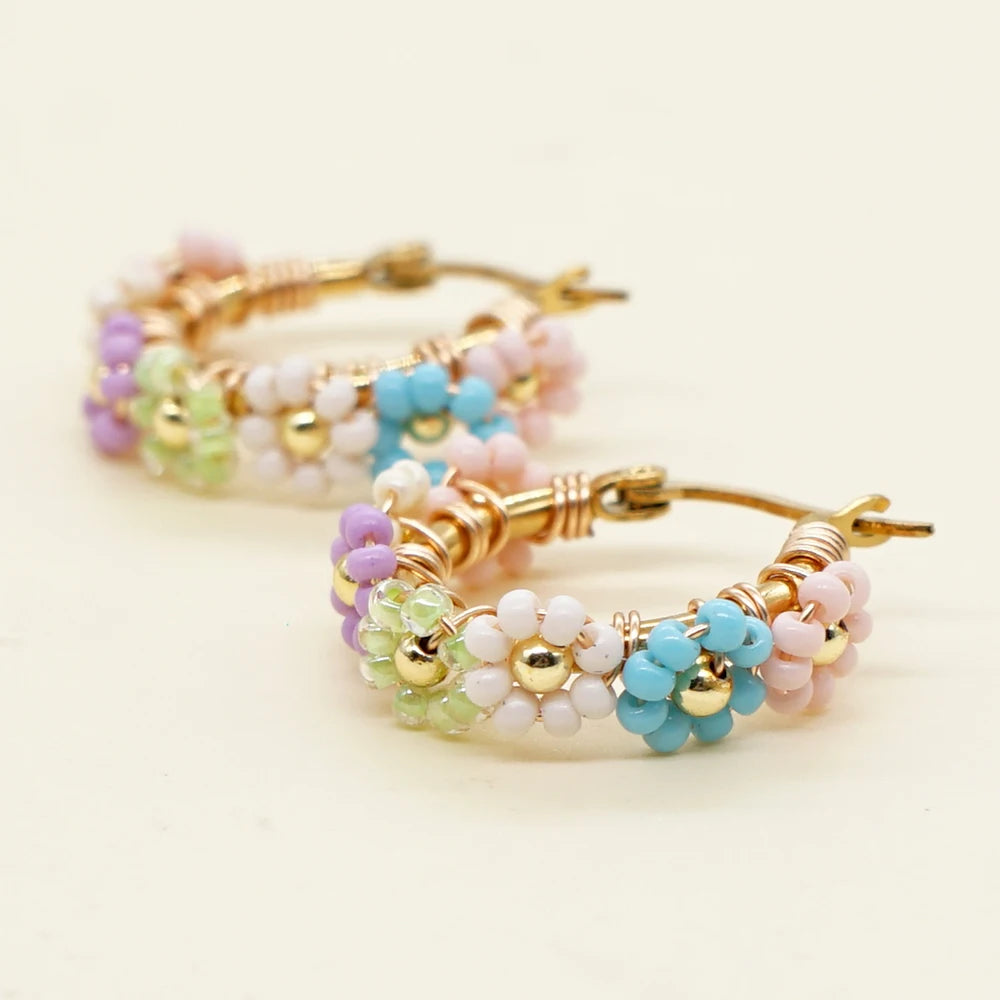 Summer Jewelry Daisy Beaded Hoop Earrings Handmade Stainless Steel Hypoallergenic Earring Fashion Gift for Women Teen Girl